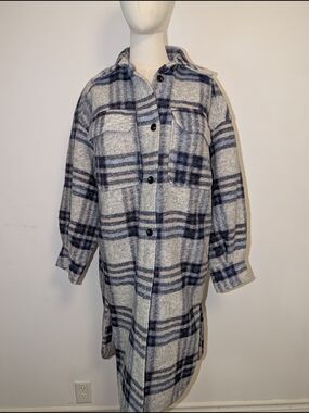 Grey & Navy Plaid Long Wool Blend Shacket